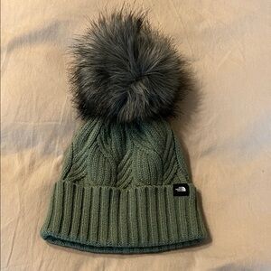 The North Face Kids Olive Knit Beanie with Faux Fur Pom